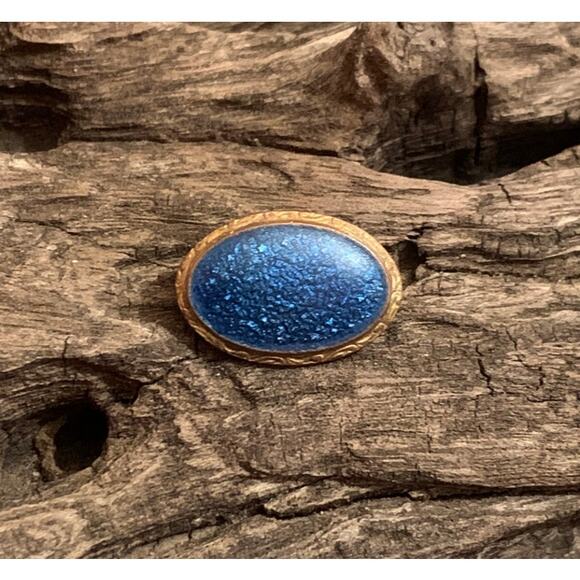 Antique Mid 1800's Gold and Blue Oval Shaped Brooch - Picture 3 of 5